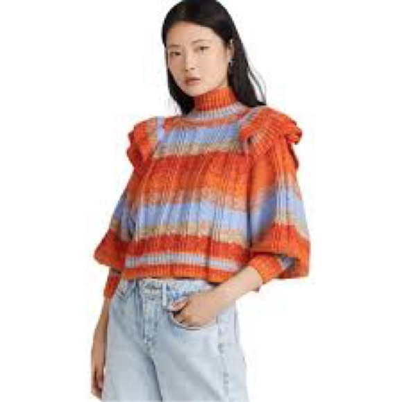 Something Navy Ruffle Shoulder Women's Sweater - Picture 1 of 6
